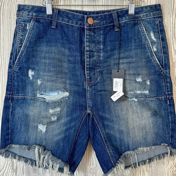 NEW! ONE TEASPOON MAN X Mr Pinks Relaxed Distressed Denim Jean Shorts Size 33 - Picture 4 of 14